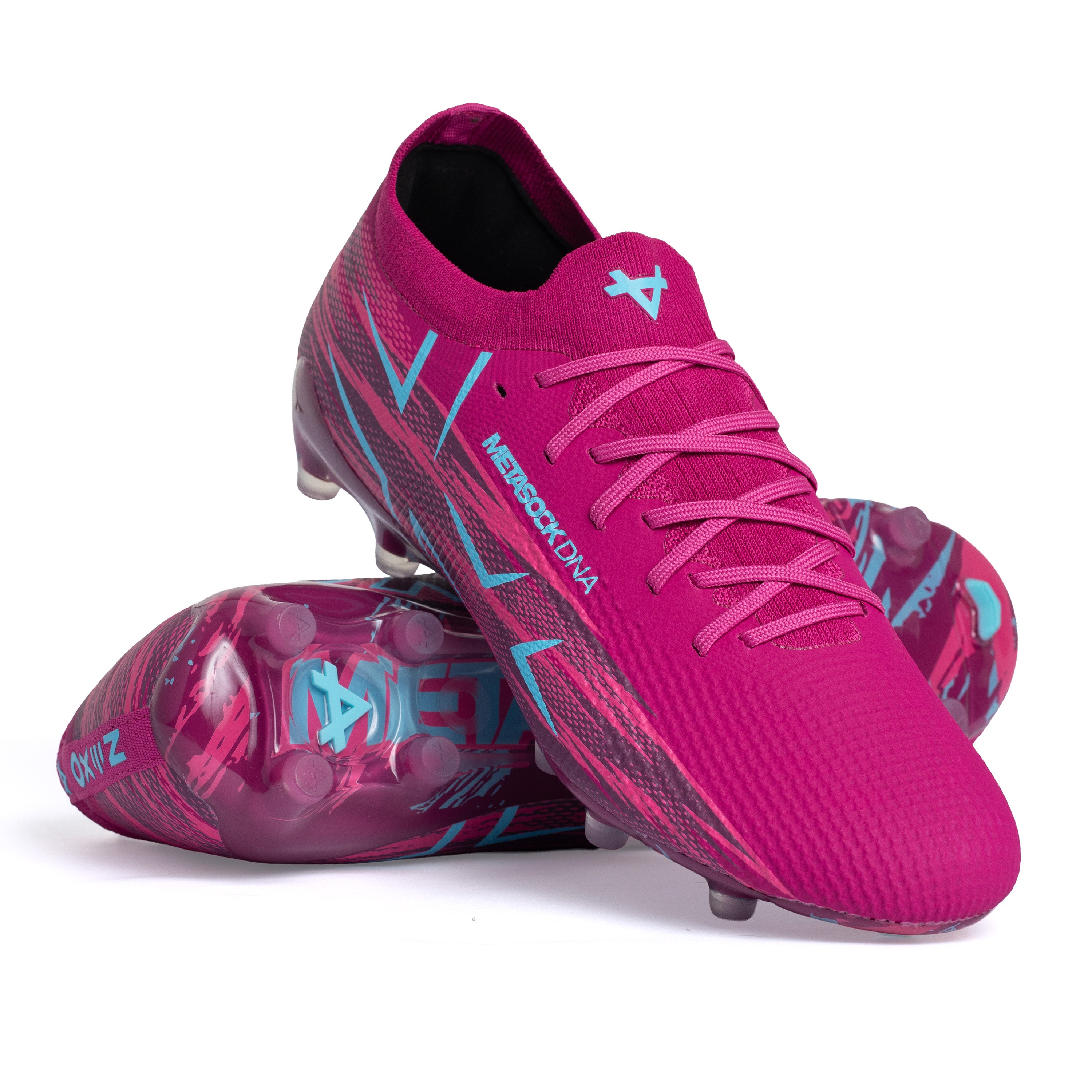 Purple soccer cleats with blue accents on a white background