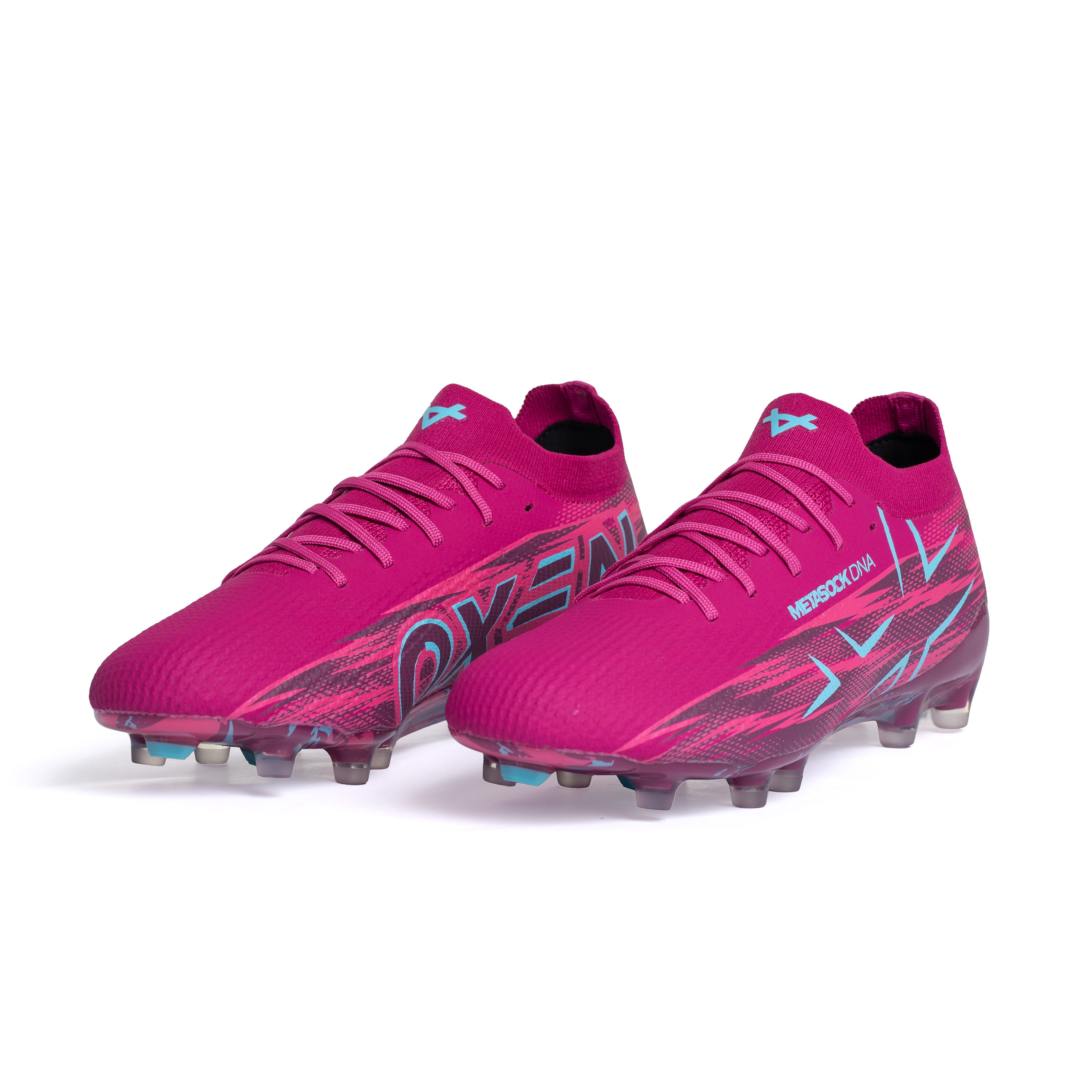 Purple soccer cleats with blue accents on a white background