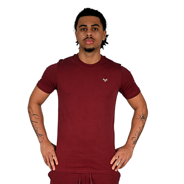 Man wearing a maroon t-shirt with a small logo on a white background