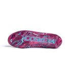 Purple and blue underside of football boot with brand Metasock logo on a white background