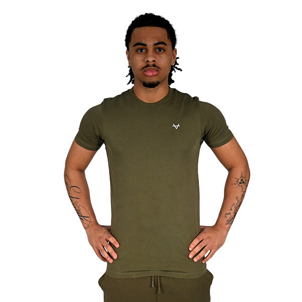 Man wearing an olive green gym t-shirt with a small OXEN logo on a white background