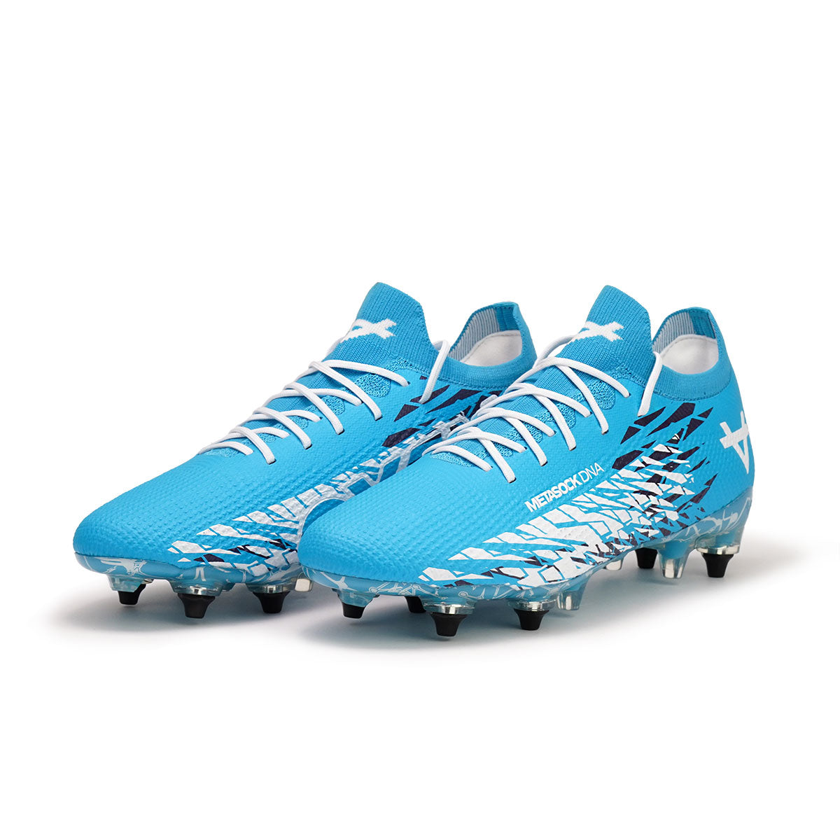 Blue Oxen Metasock AG artificial grass football boot front on on an angle.