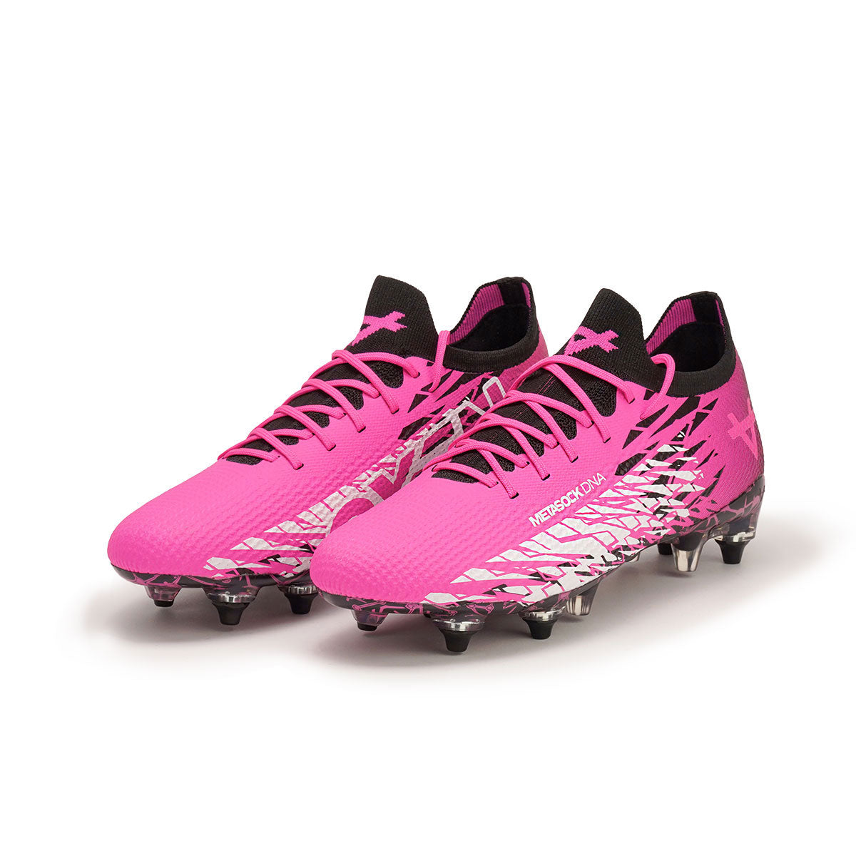 Pink and black Oxen Metasock AG artificial grass football boot, front facing to the left on angle to camera.