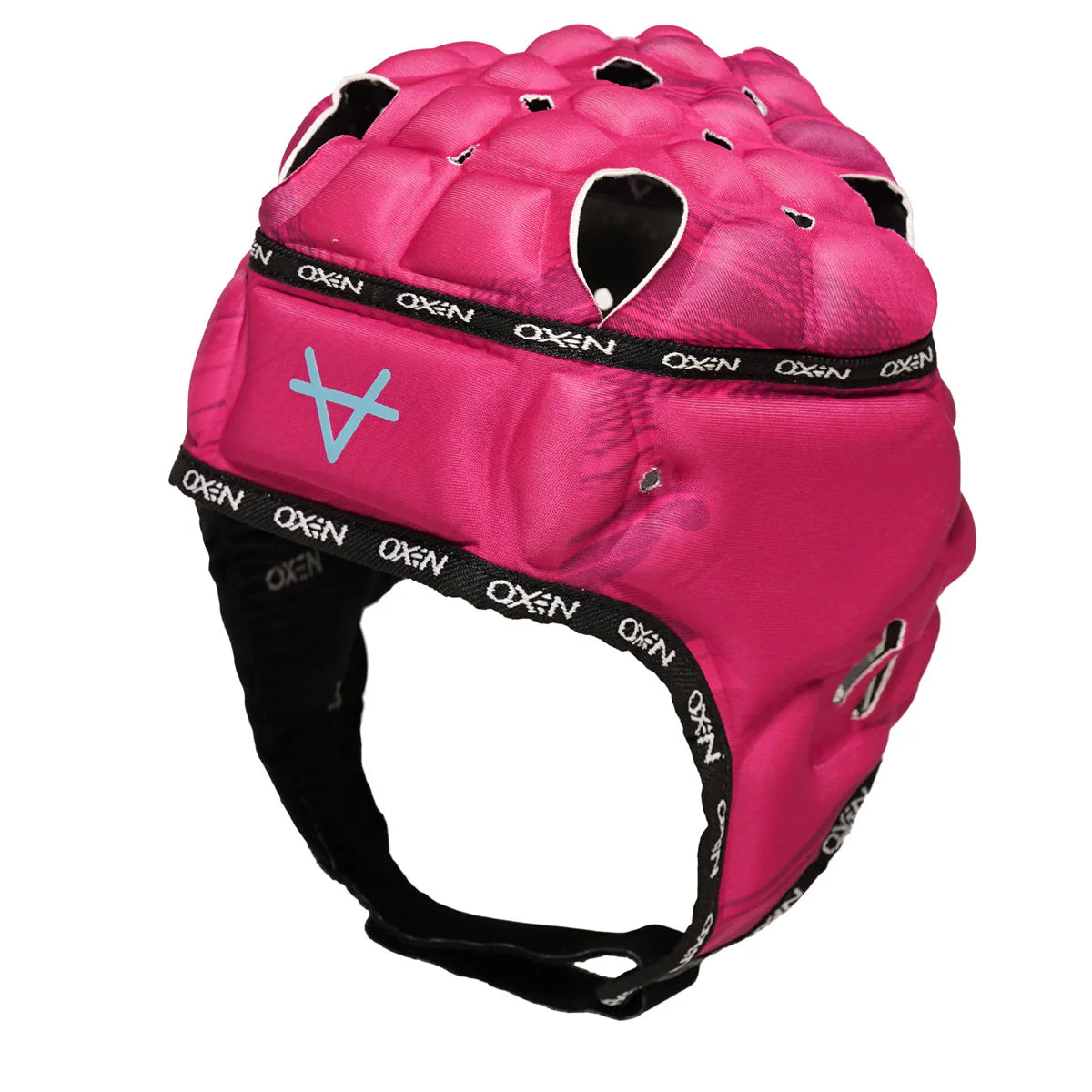 Pink protective headgear with black accents and 'OXN' branding on a white background