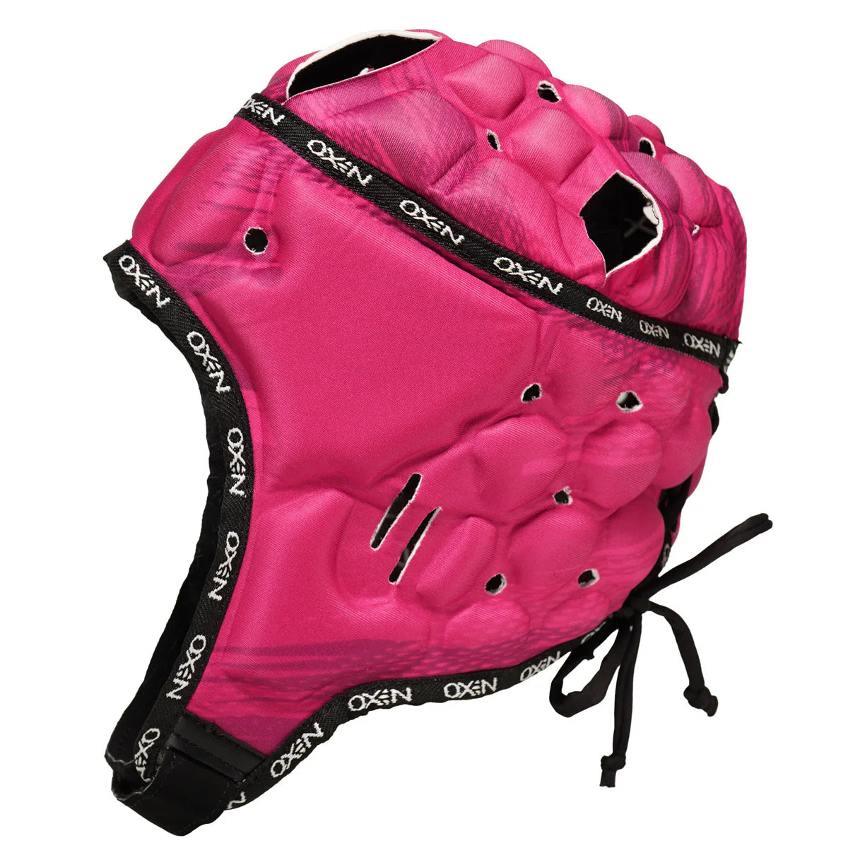 Pink protective headgear with black straps on a white background