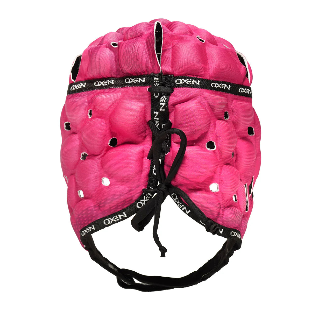 Pink protective helmet with black straps on a white background with oxen logo.