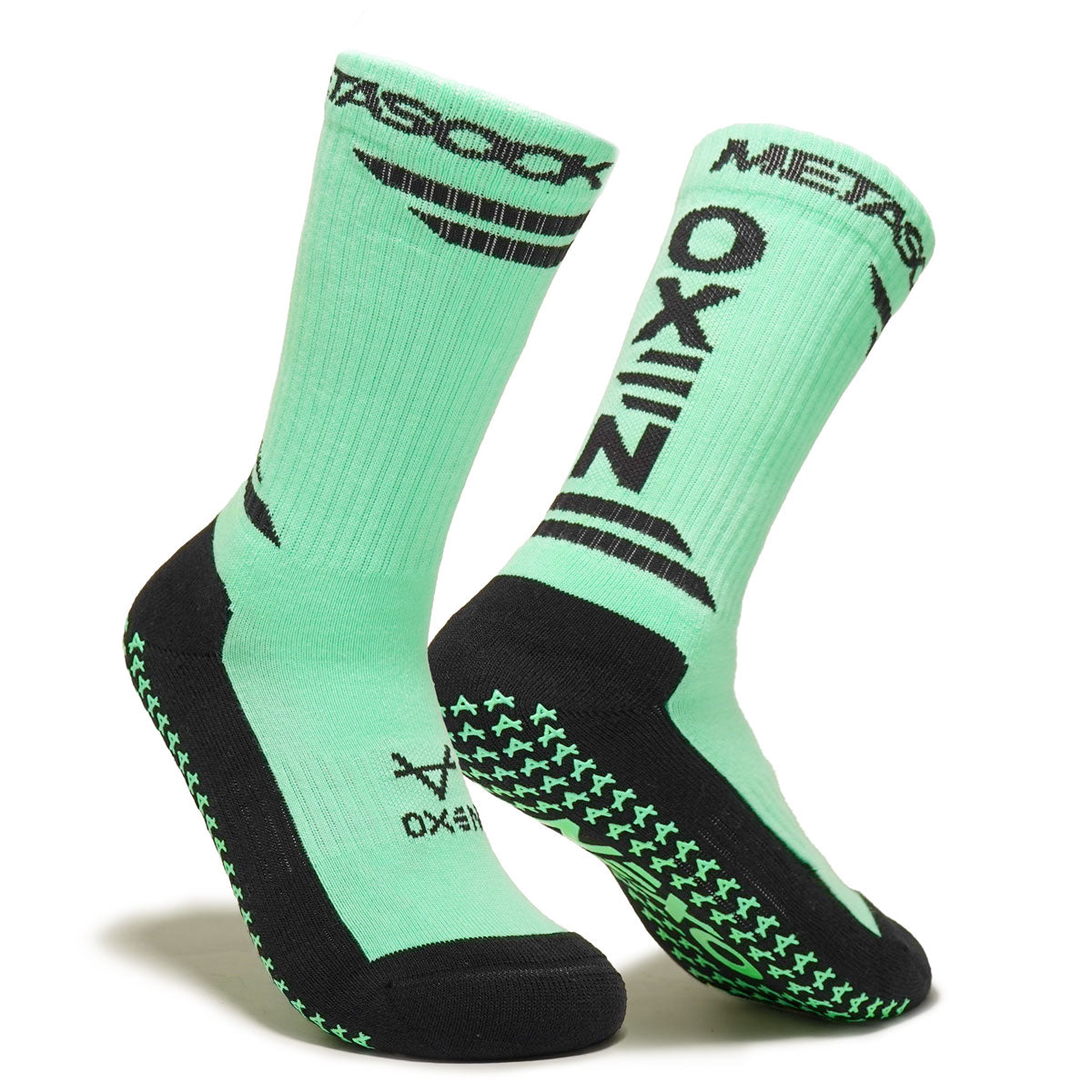 Oxen Meta Grip Socks in Mint & Black – crew-length anti-slip football grip socks for adults