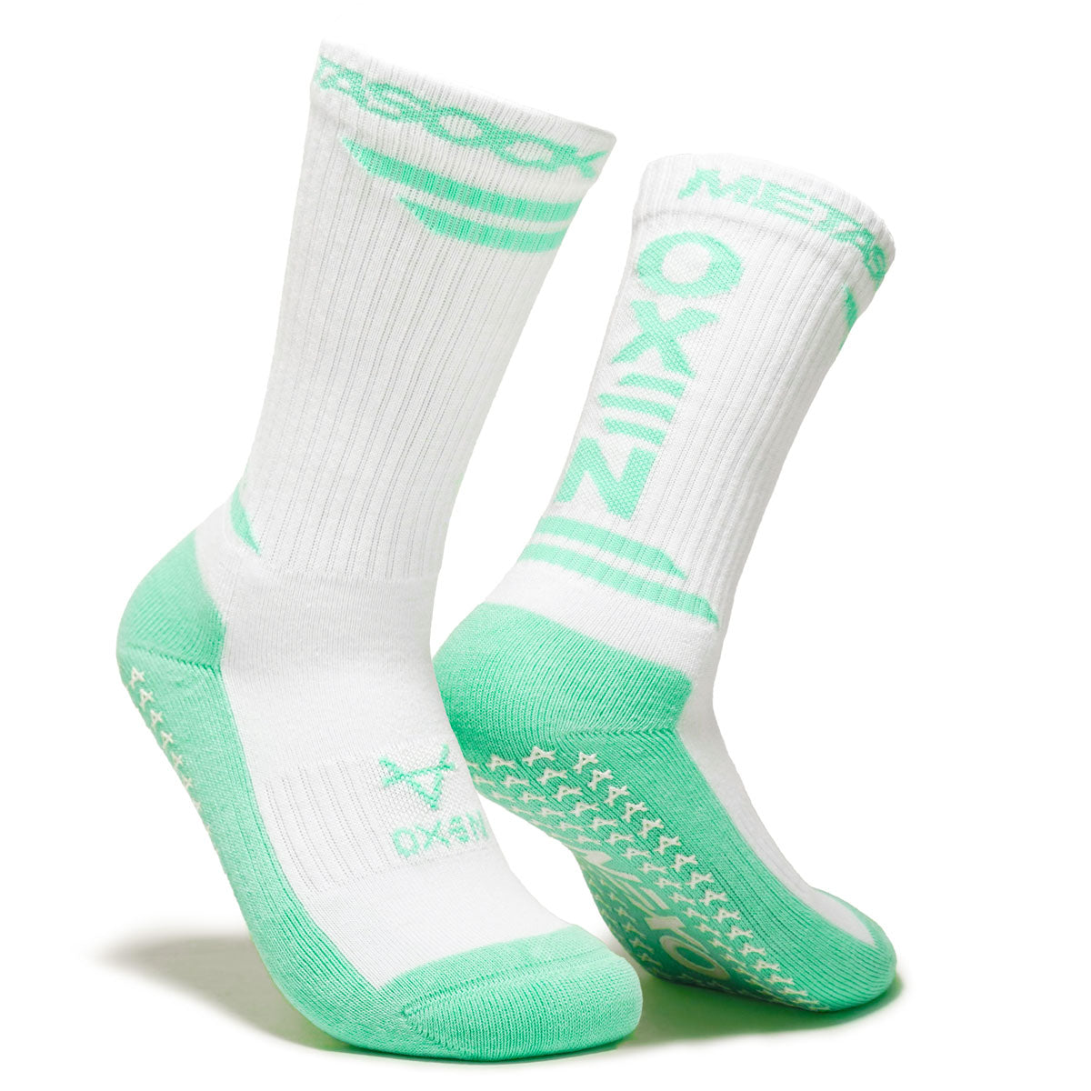 Oxen Meta Grip Socks in White & Mint – crew-length anti-slip football grip socks for adults