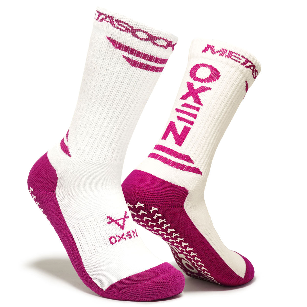 Oxen Meta Grip Socks in White & Purple – junior crew-length anti-slip football grip socks for kids