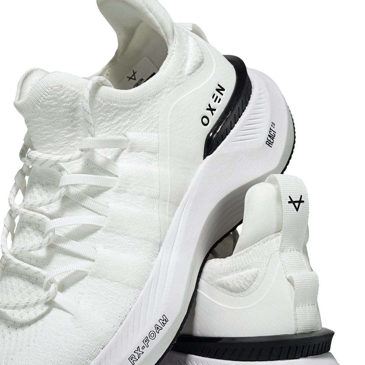 Oxen React 2.0 white gym and running shoes, angled pair view